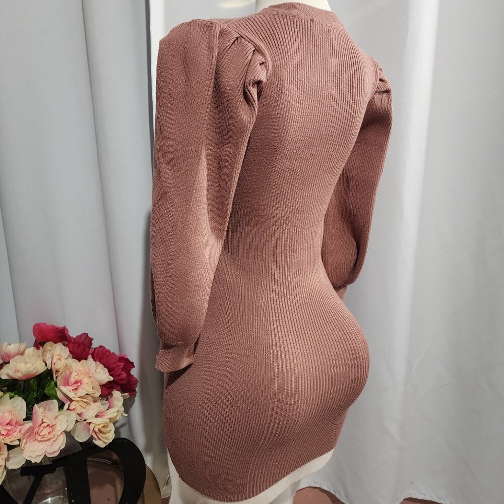 Party Dress | Mauve Sweater Puff Sleeve Knit Mini Dress - Picture 5 of 6